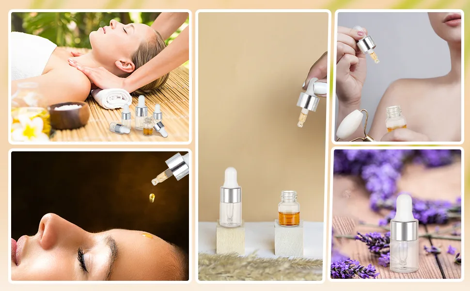 Benecreat 30 pack 1ml clear glass drip bottle eye bottles with essential oils silver caps and 4PCs drip bottle for aromatherapy cosmetics sample silver caps - product information 8