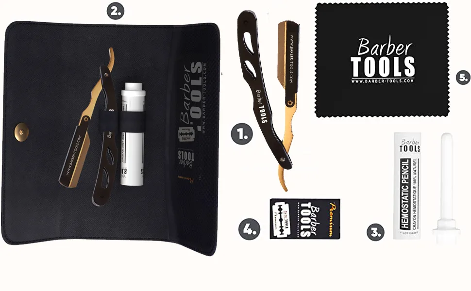 BARBER TOOLS Razor with box and 5 razor blades + alum stone + polishing cloth + case - rasoir