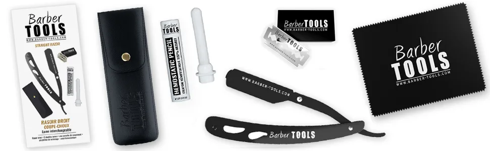 BARBER TOOLS Razor with box and 5 razor blades + polishing cloth + case noir - Rasiermesser
