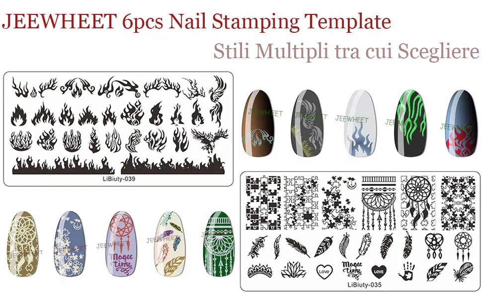 Jeewheet 6PCs Nail Schablone 1 Nail stamp 1 nail scrap with 4 replacement heads for nail art nail polish nail starter kit pattern flame 6PCS-B - product information 2