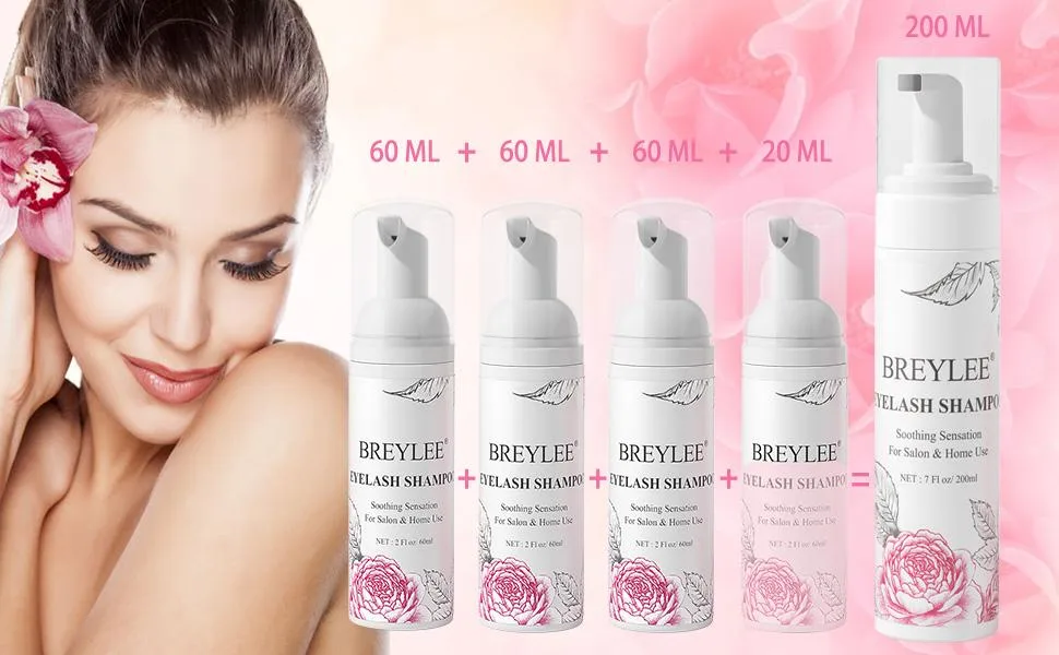 Eyelash shampoo Breylee eyelash care eyelash care for salon and home use eyelash extension eyes make-up remover with 2 brushes (200ml 7 fl oz) 200 ml (1 Pack) - upgrade