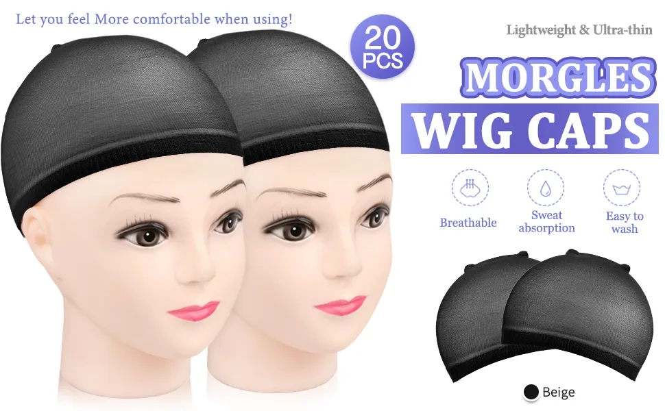 MORGLES Wig Caps Stretchy Nylon Stocking Caps for Wigs for Women 20 Pack Black - Perückenkappe