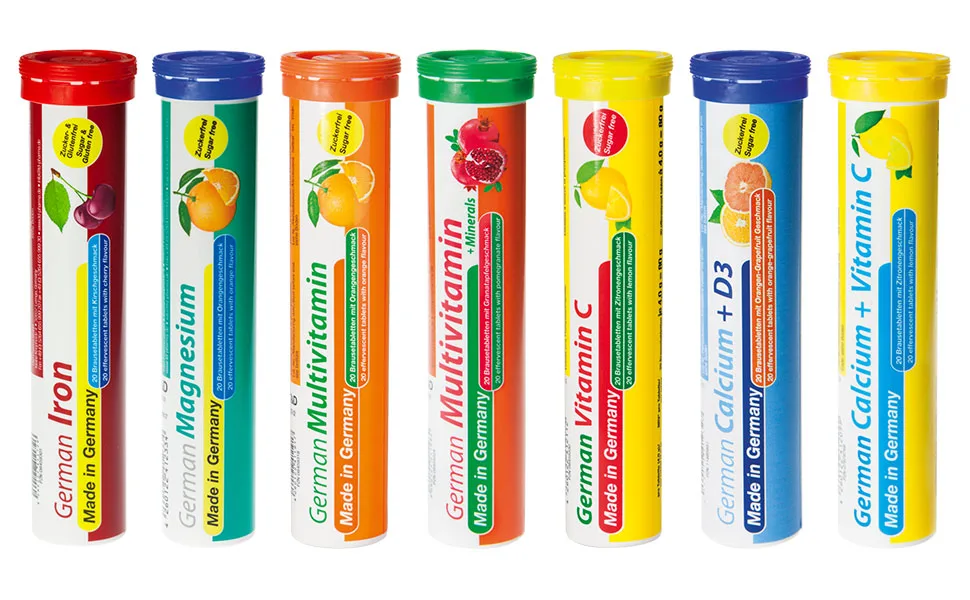 Breath tablets Sortment mix T&D Pharma - 7x20 140 German effervescent tablets - Vitamins and minerals in fruity tastes - Made in Germany Tasting package 20 pieces (7 Pack) - Brausetabletten Zitrone Orange Kirsch Grapefruit lecker T&D Pharma Sortimentmix Probierpaket