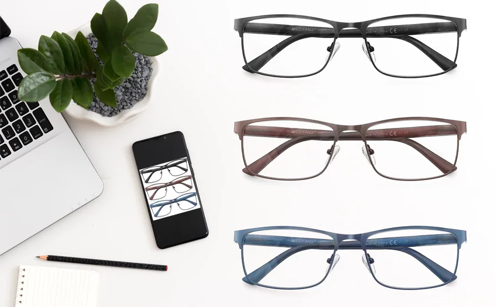 MODFANS 4 Pack Reading Glasses Men Blue Light Filter Metal Frame Rectangle Style Stainless Steel Material +1.00 Color1234 - product information 2