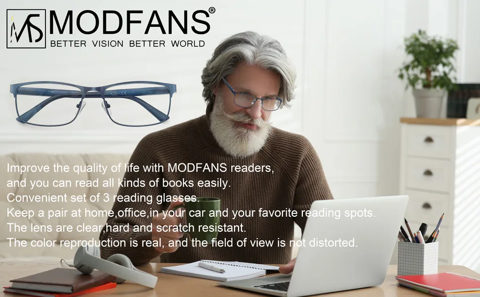 MODFANS 3 Pack Reading Glasses Men Blue Light Filter Metal Frame Rectangle Style Stainless Steel Material +2.00 Color124 - product information 3