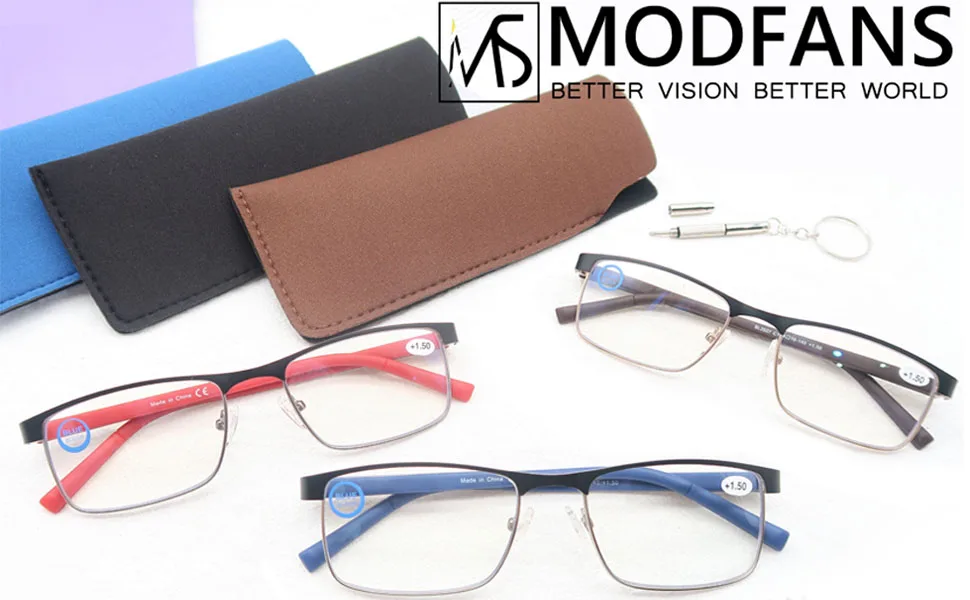 MODFANS 3 Pack Reading Glasses Men Women Blue Light Filter Metal Frame Rectangle Style Stainless Steel Material Red Blue Brown +1.00 Color123 - product information 10