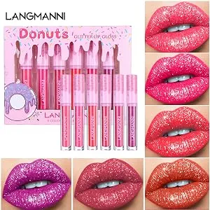 6PCs / Set Donut glitter lip gloss shiny diamond liquid lipstick high-colored metallic waterproof moisturizing lighten lip spots color tones cosmetic make-up - 6PCS Set Donut Glitter Lip Gloss Shiny Diamond Liquid Lipstick Metallic Lip Color Lip Stains Tints