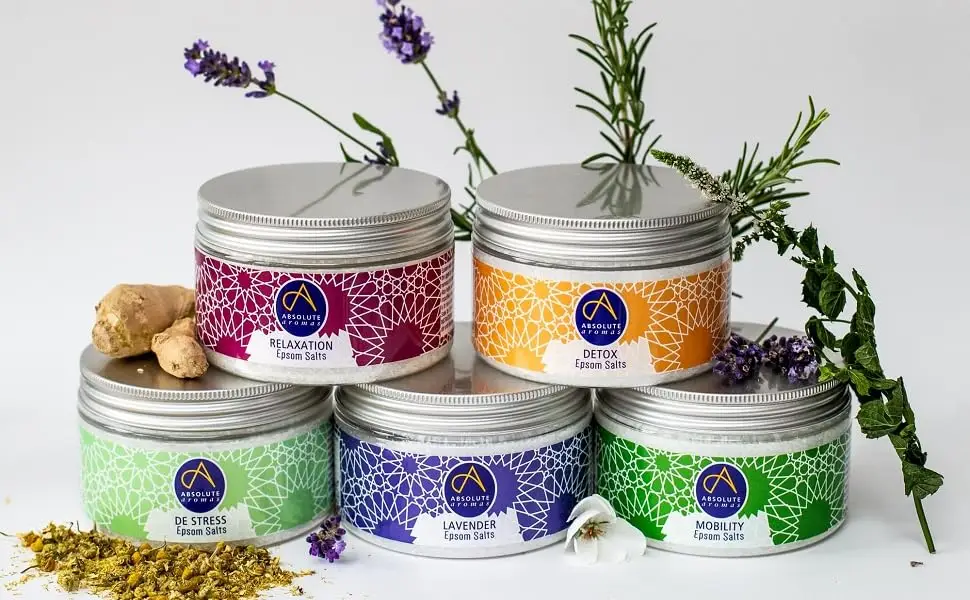 Absolute aromas epsom bathing salt bundle gift set 5 x 300g of destroy detox lavender mobility and relaxation - magnesium sulfate with 100% pure essential oils - eine Epsom-Salze mit einer Jasmin-, Bergamotte- und Lavendelölmischung, die die Stimmung