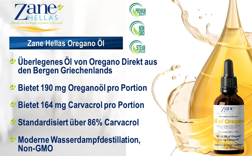 Zane Hellas 100% Greek Oregano Essential Oil. Minimum 86% Carvacrol. 164 mg Carvacrol per serving. Pack of 2. 60ml. - Oreganoöl