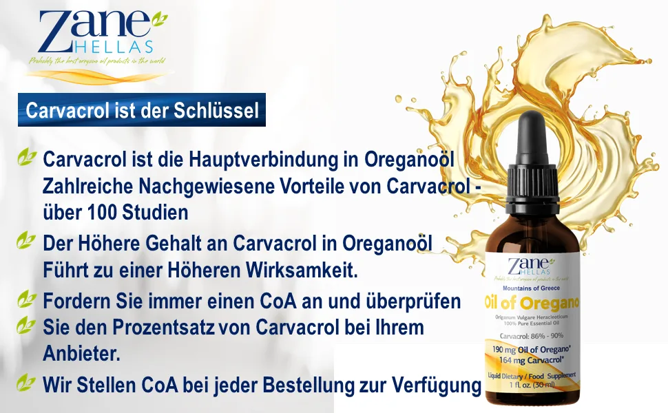 Zane Hellas 100% Greek Oregano Essential Oil. Minimum 86% Carvacrol. 164 mg Carvacrol per serving. Pack of 2. 60ml. - Oreganoöl