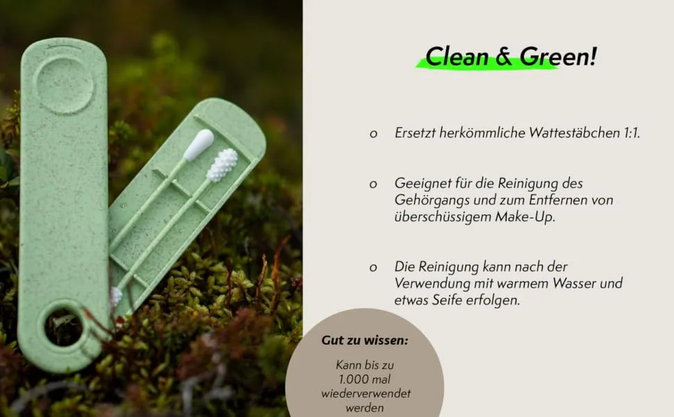 Io Nova Reusable cotton swabs in a double pack for ear cleaning and make-up distance sustainable environmentally friendly (green) - Wiederverwendbare Wattestäbchen für Ohren & Make-Up