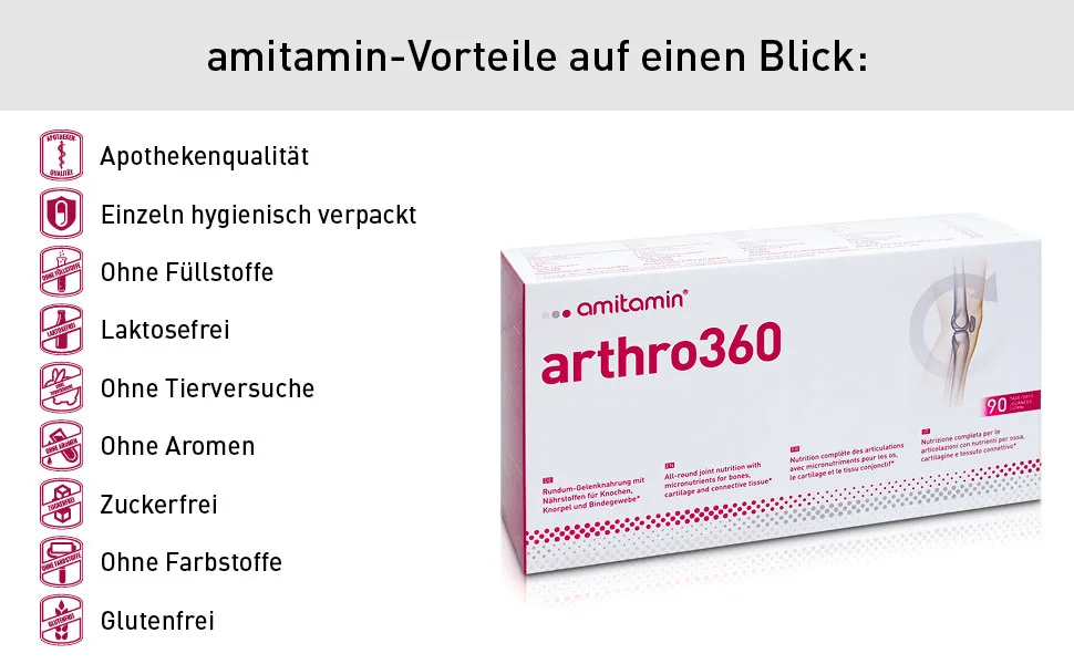 Amitamin arthro360 360 capsules highly dose German pharmacy quality 15 nutrients for joints & bones with glucosamine chondroitine MSM individually hygienically packaged 360 pieces (1 Pack) - arthro360 Big pack a Plus Siegel