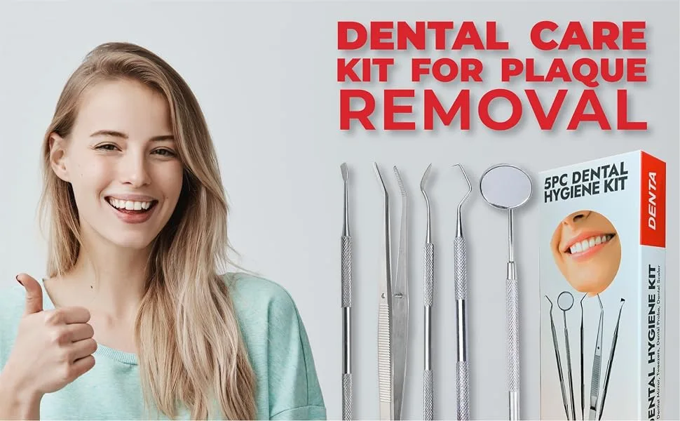 Dental Tools, Plaque Remover for Teeth, 6pc Stainless Steel and Polisher Set, Tarter Remover for Teeth, Teeth Cleaning Kit, Mirror Picks Eraser Guide - dental kit