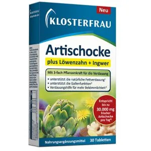 Klosterfrau Artichoke Tablets | plus dandelion + ginger | With triple plant power for digestion | 30 pieces - Artischocke plus