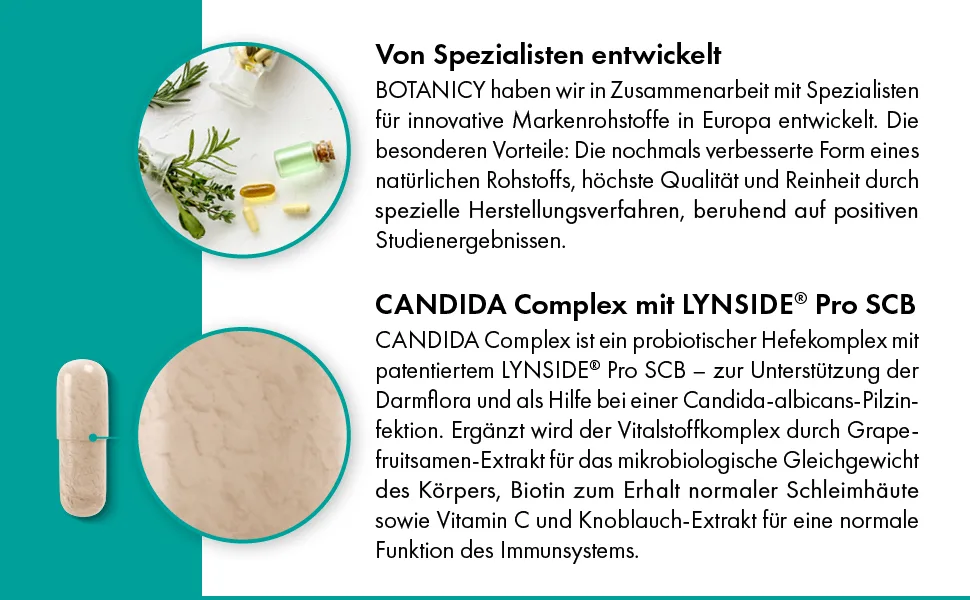 Botanicy Candida Complex - 60 capsules - at Candida Albicans - Vitamin C Biotin probiotic yeast mushroom capylic acid grapefruit & garlic extract 60 pieces (1 Pack) - Candida Complex