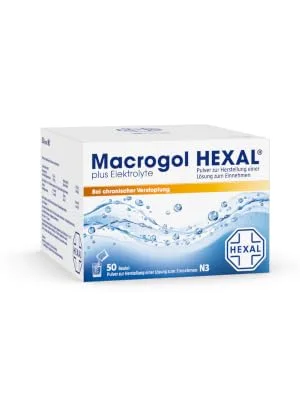 Macrogol Hexal Plus electrolyte |100 (2x50) bag |Effective help with chronic constipationSets the intestine gently and effectively in motion - Macrogol- 50 left