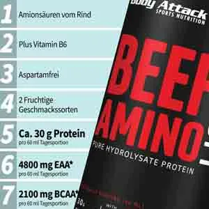 Body Attack Beef Amino Cherry 1000ml - Made in Germany - Fruity delicious & liquid protein source 30g protein per daily ration high -dose amino acids from beef 4800mg EAA & 2100 mg BCAA cherry - Beef Amino Liquid