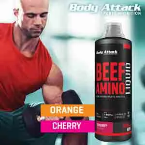 Body Attack Beef Amino Cherry 1000ml - Made in Germany - Fruity delicious & liquid protein source 30g protein per daily ration high -dose amino acids from beef 4800mg EAA & 2100 mg BCAA cherry - Beef Amino Liquid