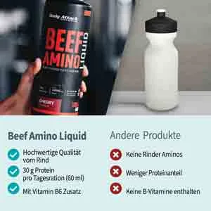 Body Attack Beef Amino Cherry 1000ml - Made in Germany - Fruity delicious & liquid protein source 30g protein per daily ration high -dose amino acids from beef 4800mg EAA & 2100 mg BCAA cherry - Beef Amino Liquid