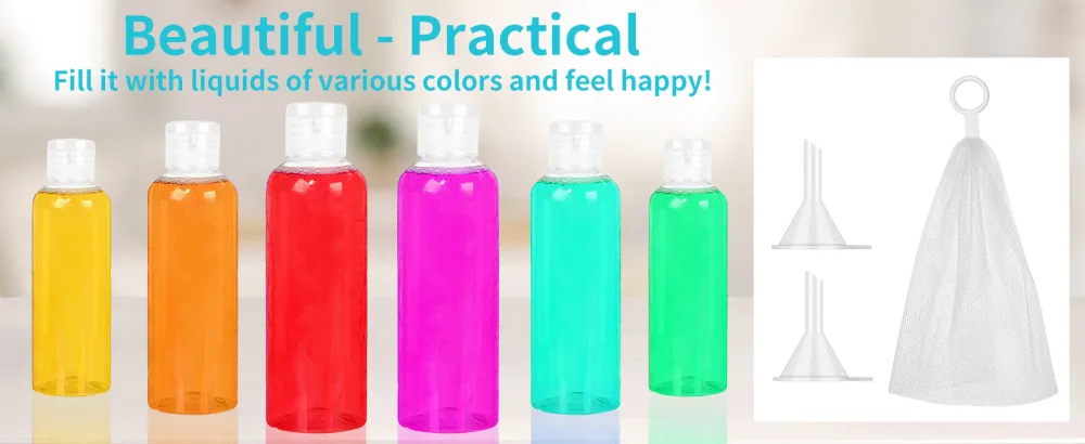 6 pieces empty travel bottle 100 ml empty travel bottles clear plastic travel container with 1 * soap bag and 2 * small funnels suitable for camping and short trips. - product information 2