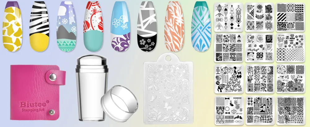 Biutee 12pcs nail stamping stencils plate set with storage bag Leaf/flower/animal/Love/Lace - product information 1