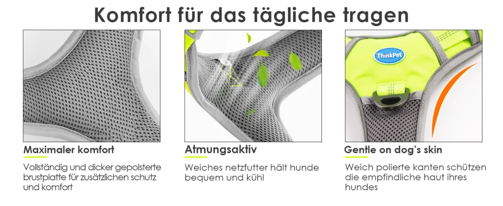 Thinkpet no-pull dog harness breathable breast tableware for small medium large dogs adjustable soft running harness safe control padded reflective safety dishes green and 150cm leash set m (1 Pack) - Hundegeschirr am Zug
