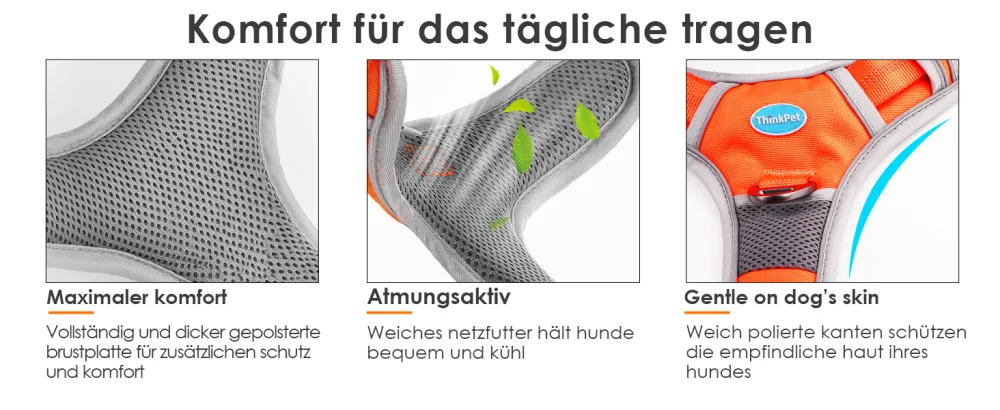 Thinkpet no-pull dog harness breathable breast tableware for small medium large dogs adjustable soft running harness safe control padded reflective safety harness orange crockery and 150cm leash set XL (1 Pack) - Hundegeschirr am Zug