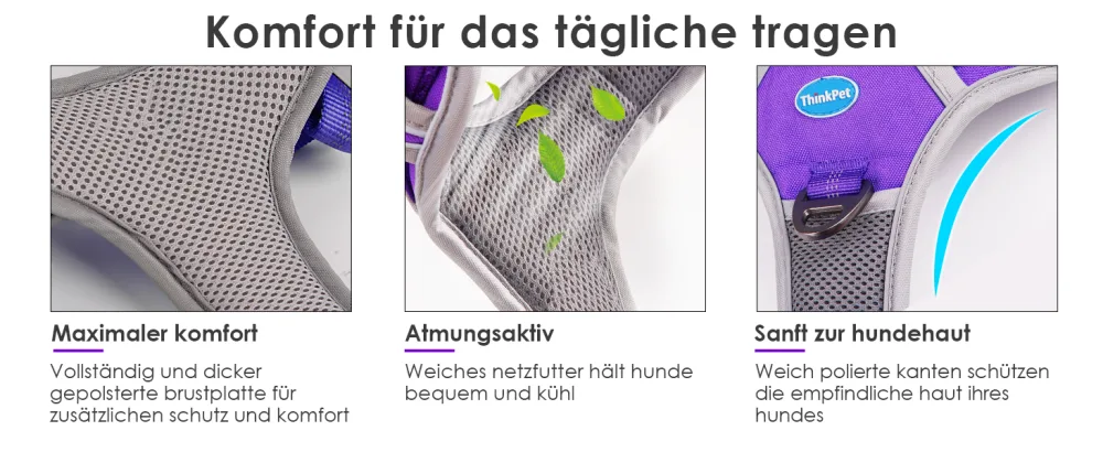 Thinkpet no-pull dog harness breathable breast tableware for small medium large dogs adjustable soft running harness safe control padded reflective safety harness purple crockery and 150cm leash set s (1 Pack) - product information 1