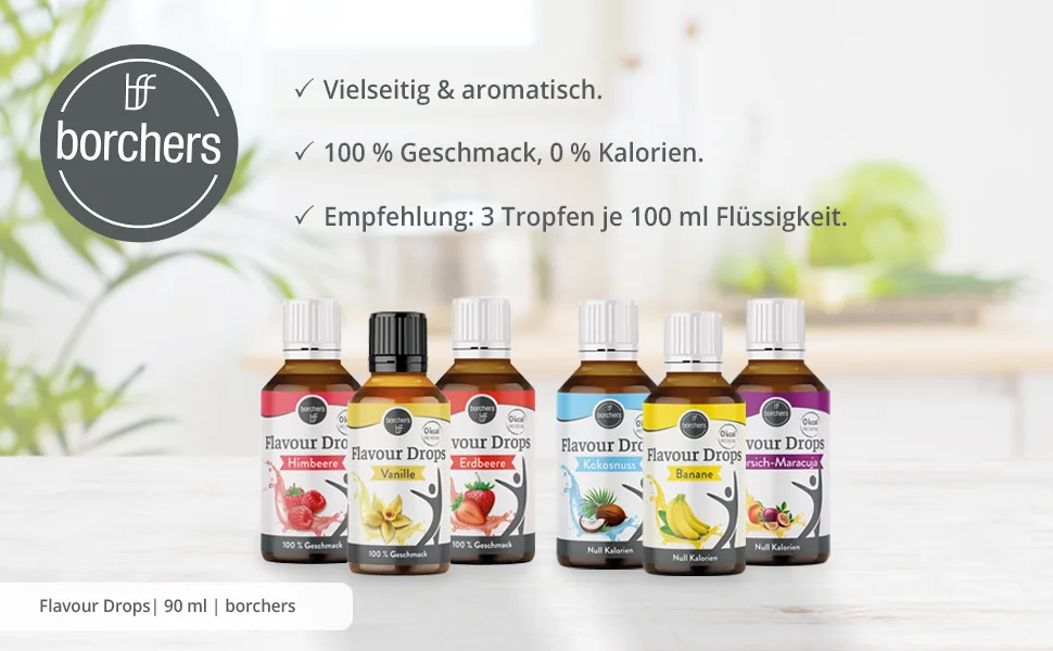 borchers Flavour Drops Strawberry | 0 calories | Liquid sweetener | For cooking and baking | For drinks | 30 ml - Flavour-Drops-Header