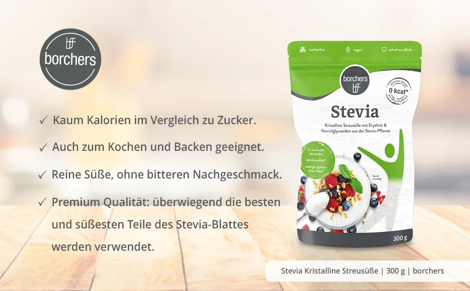 borchers Stevia Crystalline Sprinkled Sweetener | with erythritol | Calorie-free | Sugar alternative | Sweetener | 300g - Stevia-Header