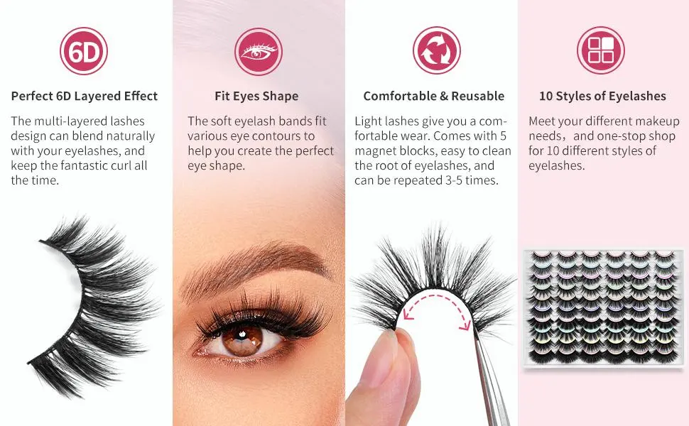 DYSILK 30 Pairs False Eyelashes 6D Fluffy Lashes Faux Mink Eyelashes Thick Fake Eyelashes Reusable Artificial Lashes of Different Styles Soft Lashes Multi-Pack - 10 Styles Mixed 002-10style black - 1234