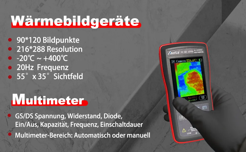 2 in 1 thermal imaging camera & digital test device with 10 800 pixels 20Hz image recording frequency thermal imaging cameras 4 000 COUNTS display multimeter function - product information 1