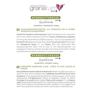 Granatum plus |HydroxytyTyrosol plus |Mediteanox | Olive extract |Dietary supplement |(1 box with 60 capsules) 1 box with 60 capsules - EINE KAPSEL LIEFERT DIE EMPFOHLENE TAGESDOSIS VON 25 MG HYDROXYTYROSOL.