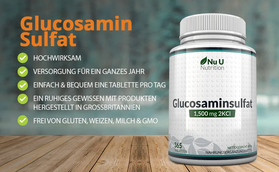 Glucosamine Sulphate 1500mg 2KCI High Dose - 365 Tablets - One Year Supply - High Quality - From Nu U Nutrition - Main