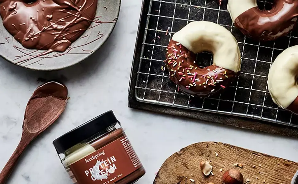 foodspring Protein Cream Duo 6 x 200g hazelnut & creamy milk 2x more taste with 85% less sugar - Protein Creme Donuts