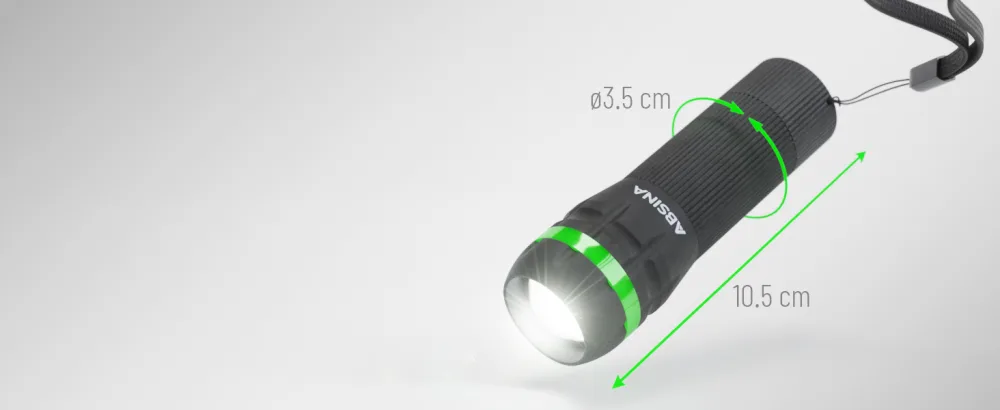 Absina Small LED flashlight Battery -operated - Mini flashlight children with 60 lumens & 110m light width - children flashlight for boys & girls continuously focusable including battery 1 Pack black - Klein & leicht