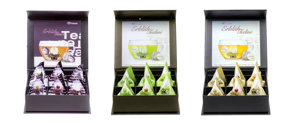 Creano tea flower mix 6 blooming tea ini "White tea" in a classy magnetic box with silver embossing White tea cup portion 6 pieces (1 pack) - Teelini Magnetboxen