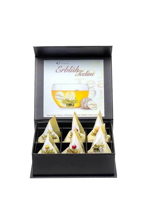 Creano tea flower mix 6 blooming tealini "black tea" in a classy magnetic box with silver embossing Black tea tealini 6 pieces (1 pack) - product information 8