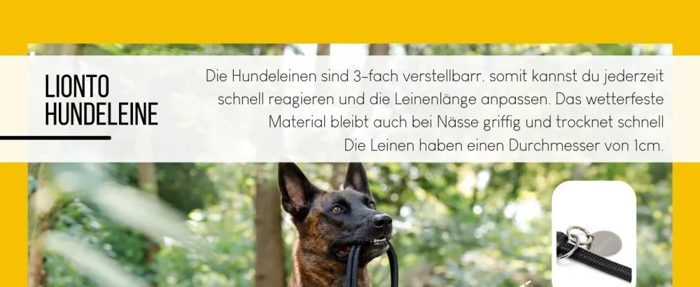 lionto Adjustable Dog Leash Multifunctional Leash Double Leash Shoulder Leash Robust Weatherproof Length 200 cm Black Black Medium - Hundeleine