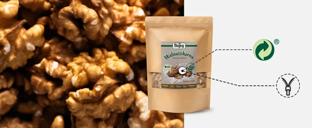 Biojoy ORGANIC walnut kernels half kernels (500 g) walnuts without shell (Juglans regia) walnut kernels half kernels 500 g (1 pack) - nachhaltig plastik-frei umwelt recycelbar recycling verpackung biologisch ab-baubar papier bio