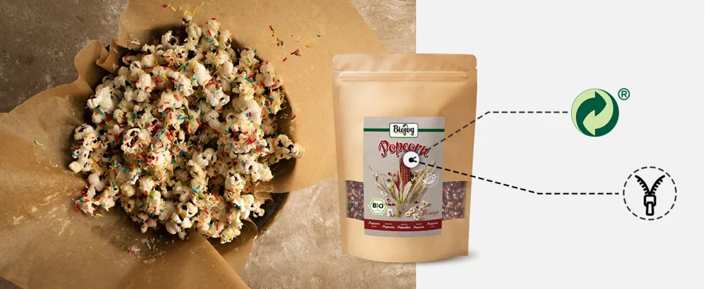 Biojoy ORGANIC Popcorn Corn Ruby Red (1 kg) unsweetened and unsalted cinema popcorn corn 1 kg (1 pack) - nachhaltig plastik-frei umwelt recycelbar recycling verpackung biologisch ab-baubar papier bio