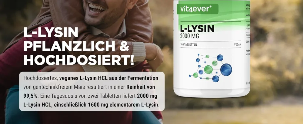 L -lysine 2000-365 tablets - 1000 mg per a tablet - made of vegetable fermentation - laboratory test - without unwanted additives - high -dose - for vegan immune system 435 g (1 Pack) - L-Lysin Tabletten Vit4ever