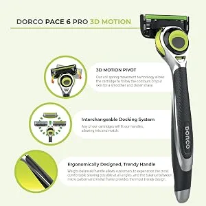 Dorco Pace 6 Pro 3D Motion Razor System - 1 Handle + 9 Cartridge Set 10 Piece Set - DORCO Pace 6 Pro 3D Motion graphic
