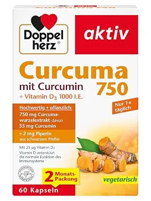 Double heart Curcuma 750 with curcumin + vitamin D3 1000 I.E. - Vitamin D supports the normal function of the immune system - 60 capsules 60 (1 Pack) - Curcuma