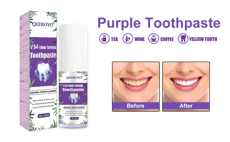 V34 Colour Corrector, Purple Toothpaste, Teeth Whitening Sensitive Teeth Toothpaste, Deeply Cleaning Gums, Stain Removal, Brightness &Reduce Yellowing Purple 30ML - product information 2