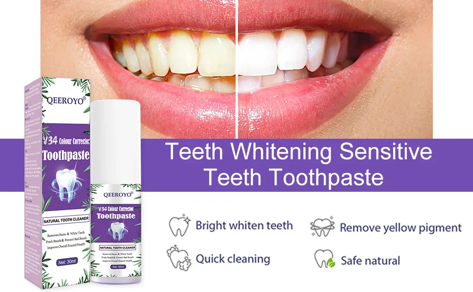 V34 Colour Corrector, Purple Toothpaste, Teeth Whitening Sensitive Teeth Toothpaste, Deeply Cleaning Gums, Stain Removal, Brightness &Reduce Yellowing Purple 30ML - product information 3