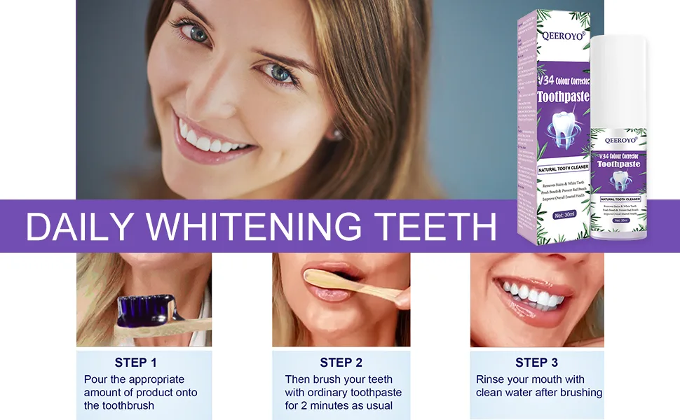 V34 Colour Corrector, Purple Toothpaste, Teeth Whitening Sensitive Teeth Toothpaste, Deeply Cleaning Gums, Stain Removal, Brightness &Reduce Yellowing Purple 30ML - product information 4