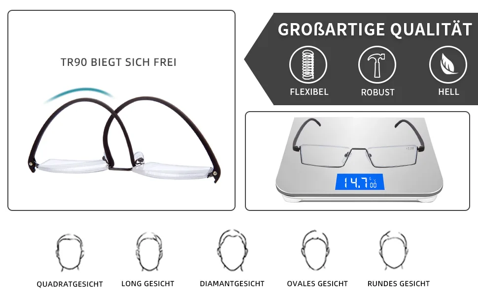 Reading glasses with ultra -light TR90 frame reading help half -global frame with half -frame visual help with glasses case for women and men (blue +2.5) blue +2.5 diopters (1 Pack) - Halbrahmen Lesebrille TR 90