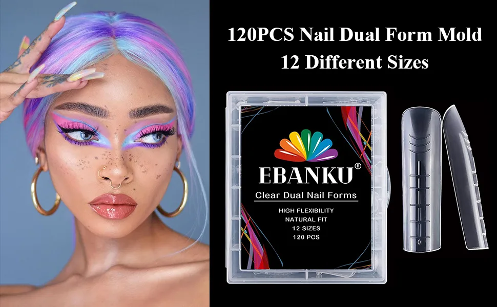 EBANKU 120pcs Clear Full Cover Dual Nail System Form Shape Flat Acrylic Nail Extension Tips Nail Art Manicure Tools Smooth - product information 15