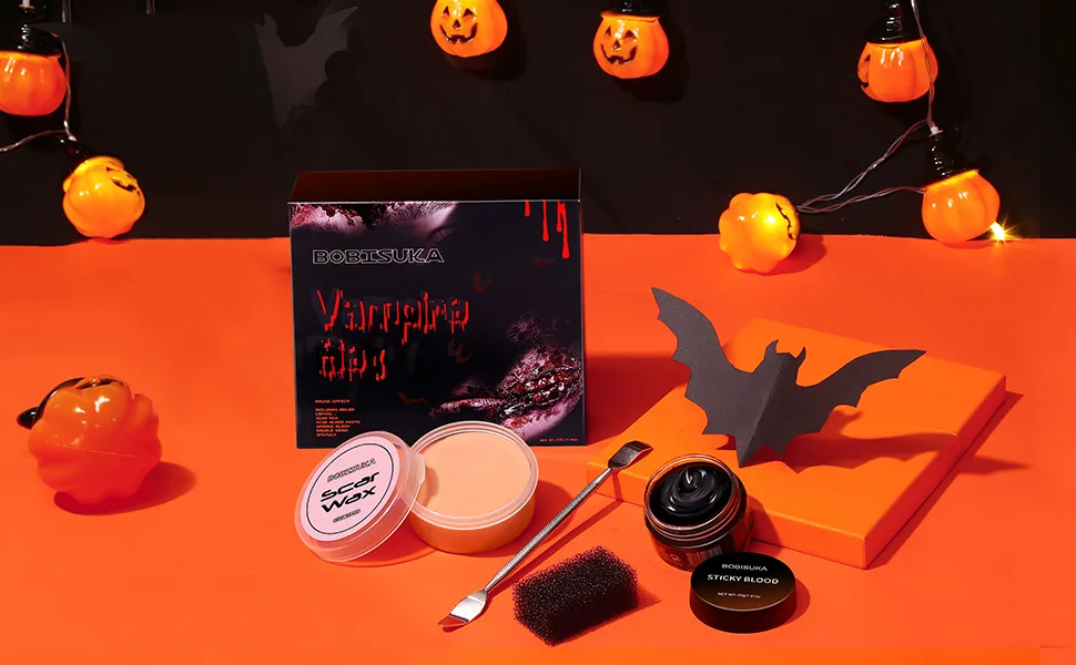 BOBISUKA 4 Piece Halloween SFX Special Effects Makeup Kit - Modeling Scar Wax + Coagulated Blood with Spatula Tool and Black Stipple Sponge All in One (VAMPIRE SET) - Halloween makeup kit